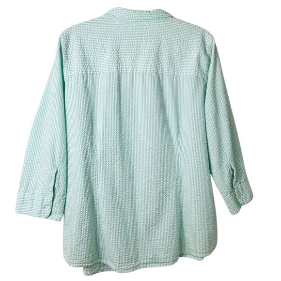 L.L. Bean 1X aqua & white 100% cotton seersucker 3/4 sleeve blouse shirt - Picture 3 of 10